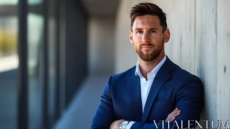 Confident businessman leans on modern concrete wall outdoors.