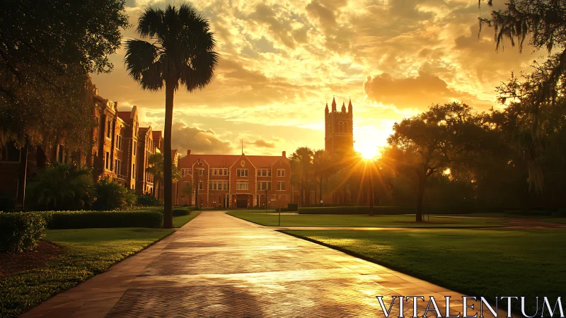 Golden sunrise warms a peaceful college campus walkway