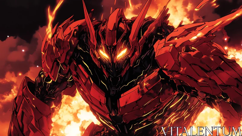 Blazing mech titan strides through roaring waves of molten fire