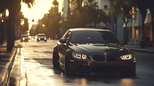 Lowered BMW M3 coupe on wet urban street at golden hour