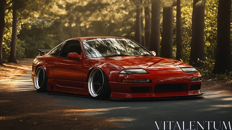 Sleek red tuner car resting under soft golden forest light.
