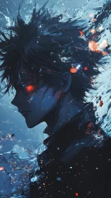 Cyan-lit anime profile with red energy embers and liquid shards