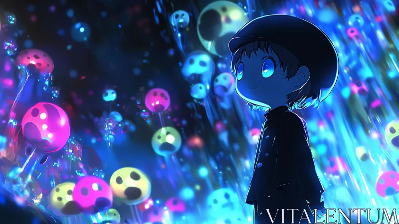 Child wandering through a glowing dream of jellyfish lights.