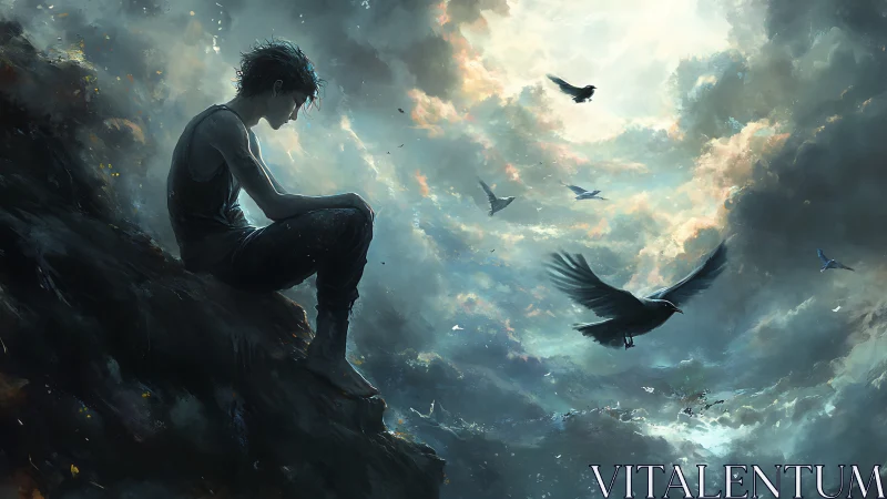 Solitary figure on cliff edge under stormy sky with birds.