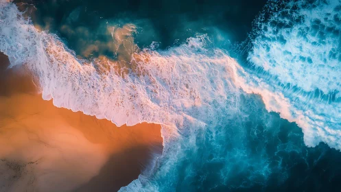 Aerial surf convergence over sunlit shoreline gradient.