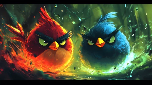 Fiery Red and Electric Blue Birds in Dramatic Digital Art Style.