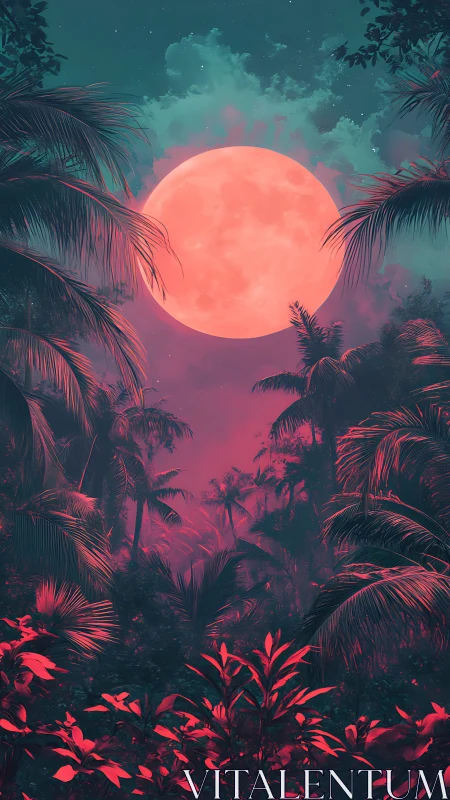 Neon moon rises over a glowing tropical jungle dreamscape.