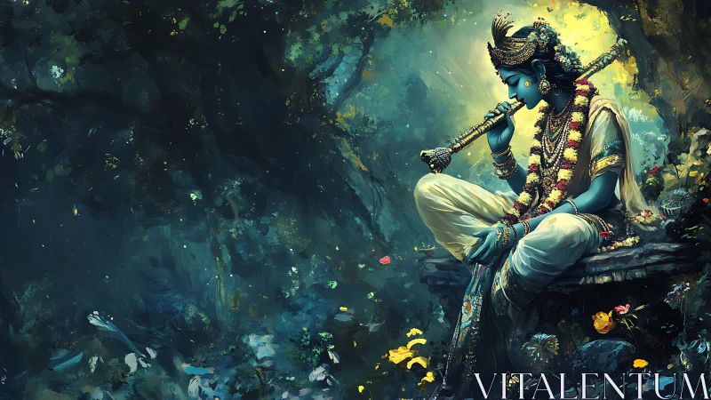 Digital painting of divine musician in luminous forest setting.