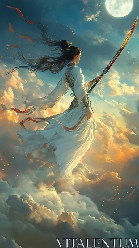 Sky warrior in flowing white robes under full moon.