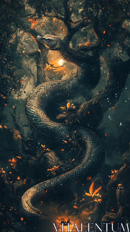 Moonlit forest serpent watching over a glowing mystic pool.
