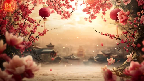 Cherry blossoms and lanterns frame hazy traditional town.