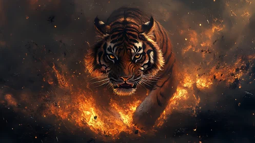 Digital painting of a firelit tiger in dynamic frontal charge.