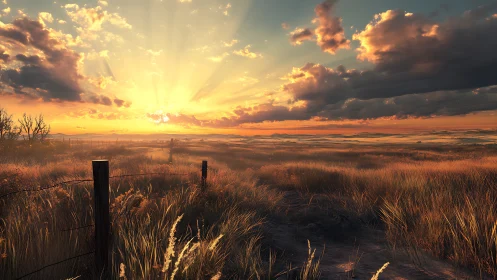 Sunlit prairie path under radiant golden sunset sky.