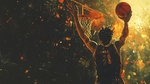 Kinetic digital painting of explosive basketball dunk moment.
