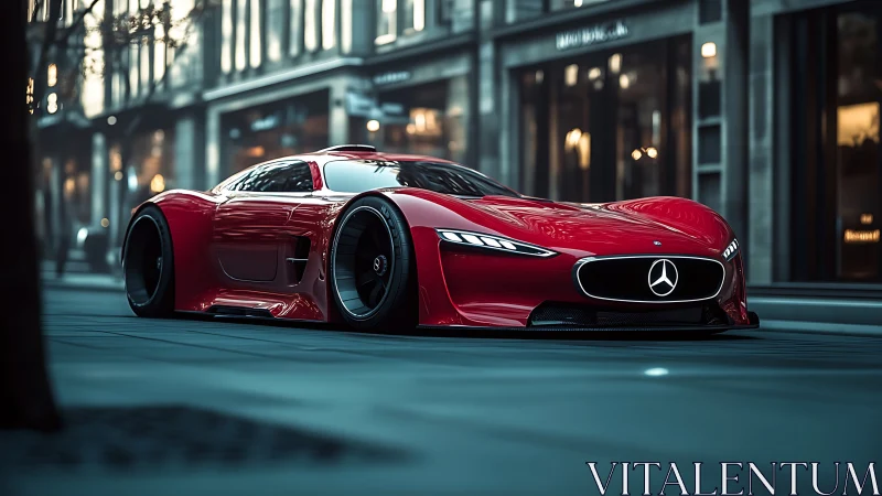 Red Mercedes concept supercar parked on modern city street