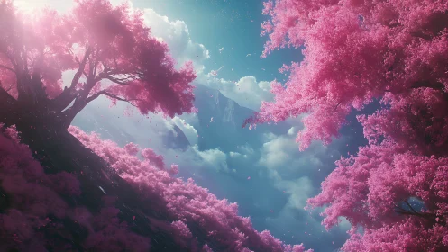 Dreamlike valley framed by radiant pink blossom trees.
