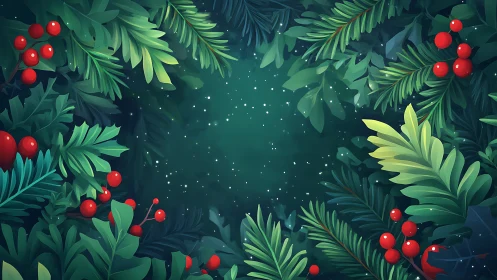 Deep green foliage frame with red winter berries.
