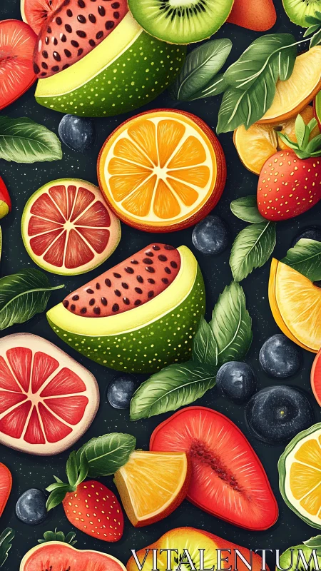Digital illustration arranges sliced mixed fruits in dense layout