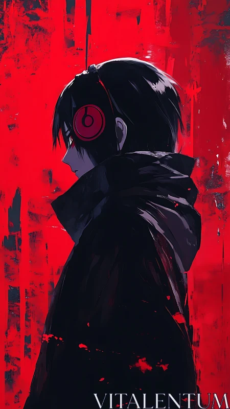 Side profile of hooded figure with headphones on red field.