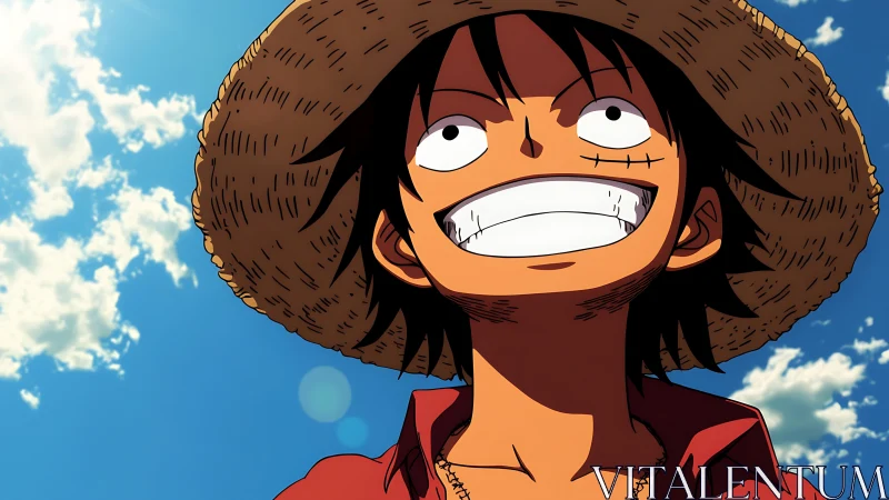 Straw hat boy smiles boldly under a vivid summer sky