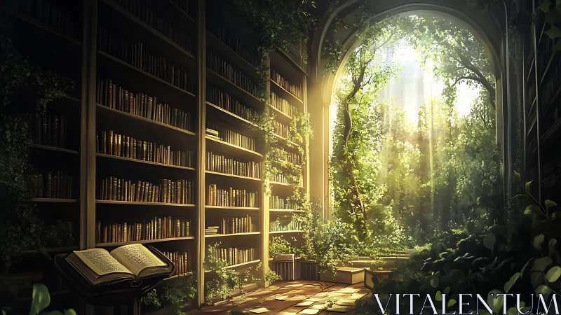 Sunlit arcadian library merges architecture and overgrown forest