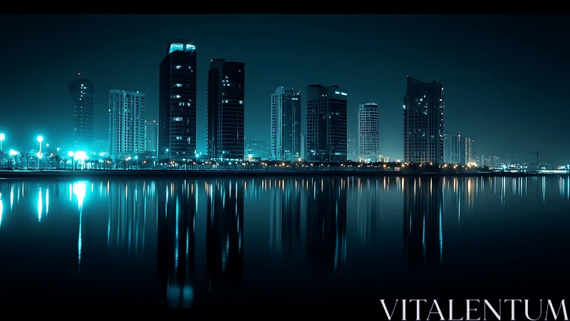 Nighttime waterfront skyline with high-rise reflections.