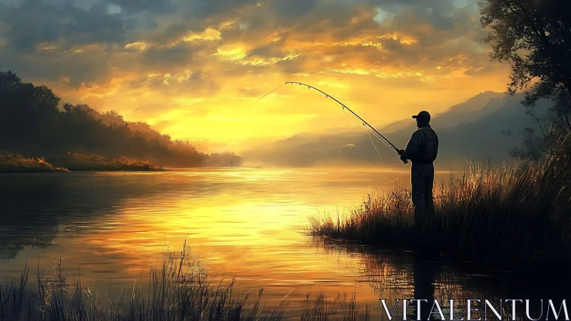 Silhouetted angler stands on riverbank during sunset