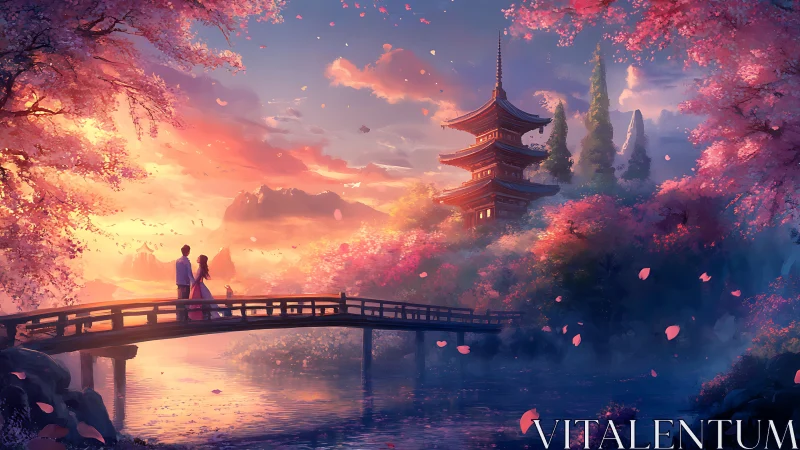 Sunset lovers stroll across a bridge in a dreamy sakura valley