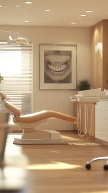 Sunlit minimalist dental operatory rendered in warm tones