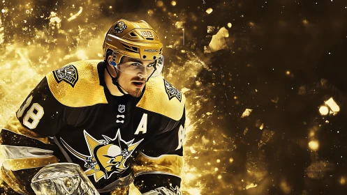 Hockey player in yellow uniform skates against abstract light field