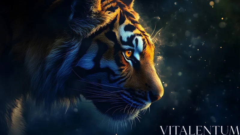 Bioluminescent-lit tiger profile in high-contrast nocturnal haze