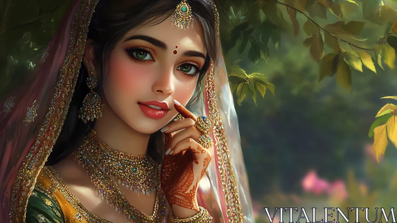 Digital portrait of adorned woman with jeweled sari and henna