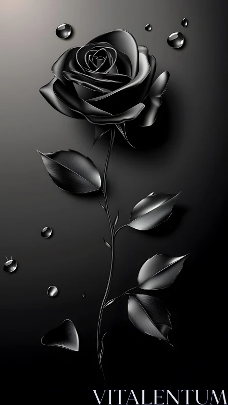 Midnight black rose glows softly with silvered droplets
