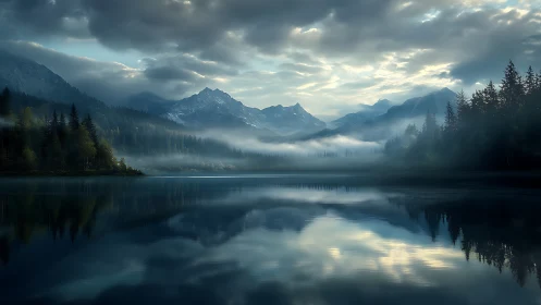 Mountain lake with forest shoreline and low morning fog.