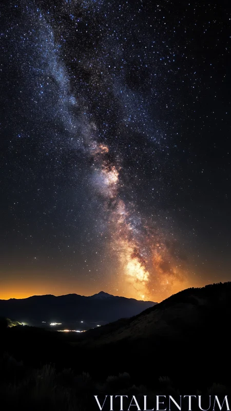 Milky Way core over mountain ridge and distant town glow.