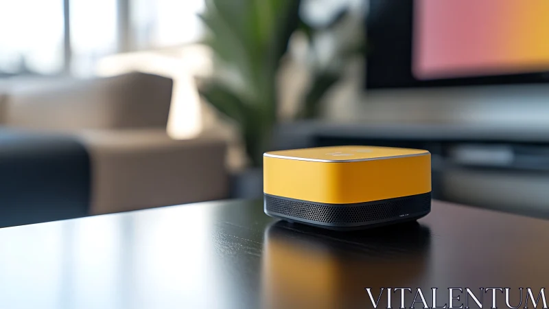 Yellow Wireless Speaker on Desk Surface.