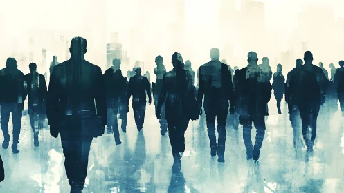 Double-Exposure Silhouettes Traversing Urban Skyline Architecture.