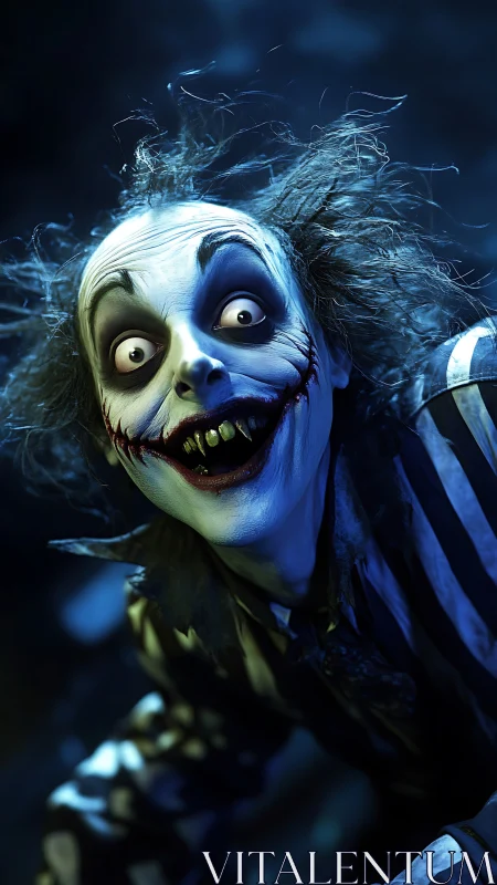 Grotesque blue-lit clown with striped suit leering forward.