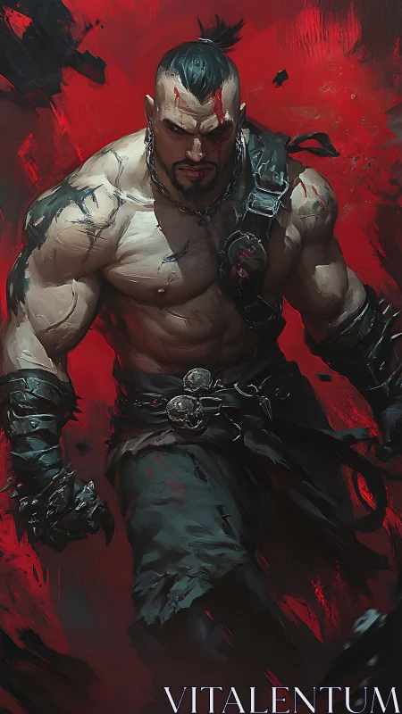 Warrior strides through crimson battlefield with cold fury