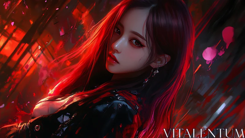 Neon-lit cyberpunk girl amid red abstract urban storm.