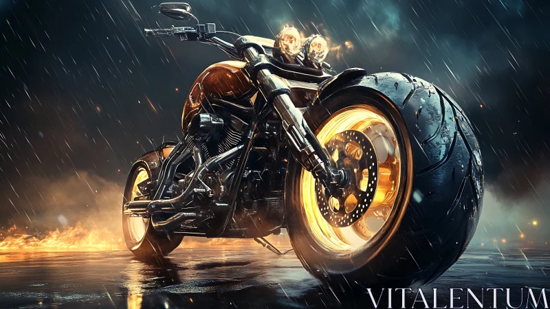 Custom chopper motorcycle under rain with fiery backdrop.