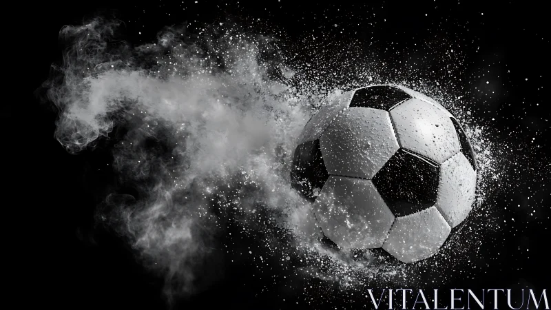 Dynamic soccer ball bursting through swirling silver spray.