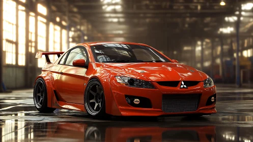 Widebody orange tuner coupe in industrial warehouse light