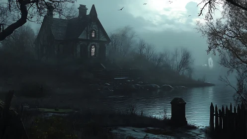 Old lakeside house in fog with bare trees and waterway.