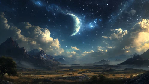 Crescent moon hangs above wide valley and distant peaks