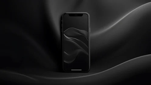 Minimal black smartphone on abstract flowing waves background.