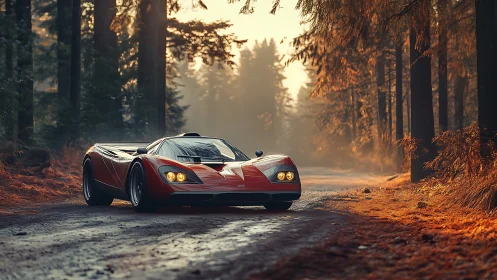 Low-slung red supercar on damp forest track under warm volumetric light