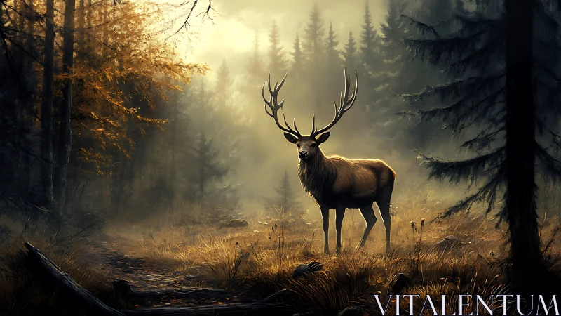 Majestic stag stands in misty golden forest clearing at dawn