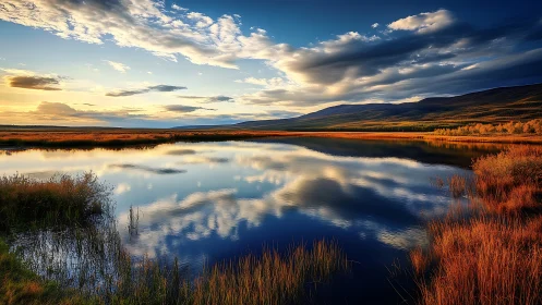 High dynamic range autumn wetland with mirrored cloud reflections