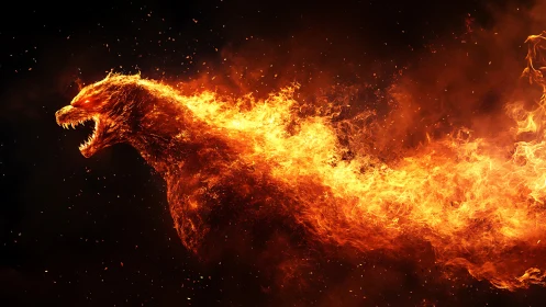 Flaming beast silhouette roars within swirling inferno blaze